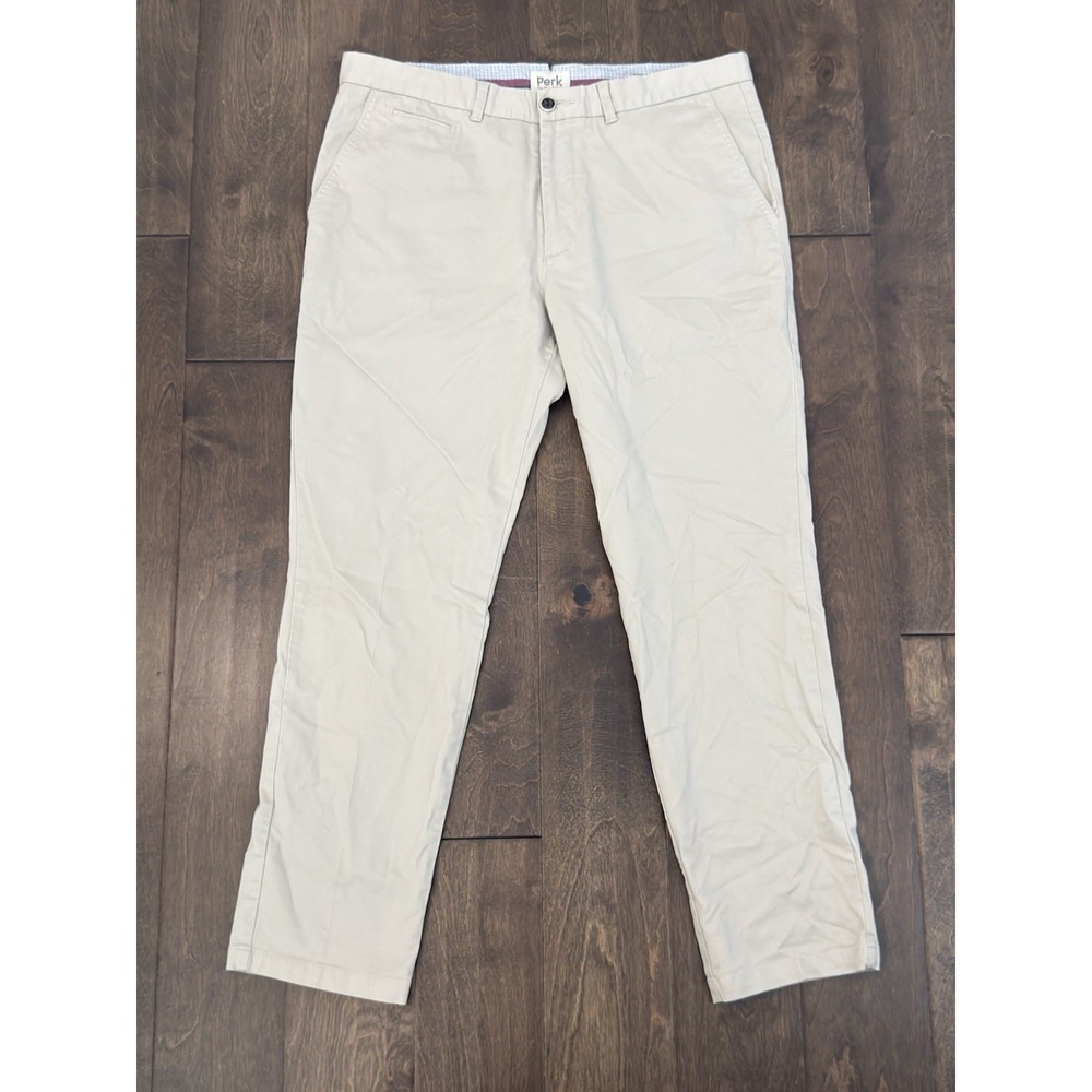 Perk Slim Fit Stretch Mens Beige Flat Front Chino Pants Size 36X30 Slash Pockets
